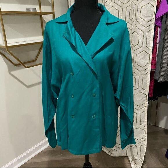Vintage 1980s Batwing Teal Oversized Blazer Blouse Size S - Picture 3 of 7